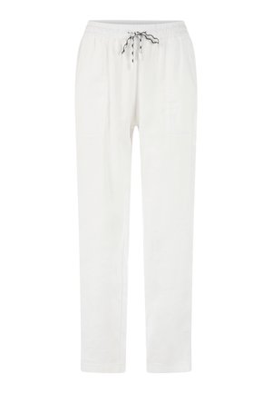 White casual pants with elastic waistband and black-and-white drawstring, straight legs, and front pockets.