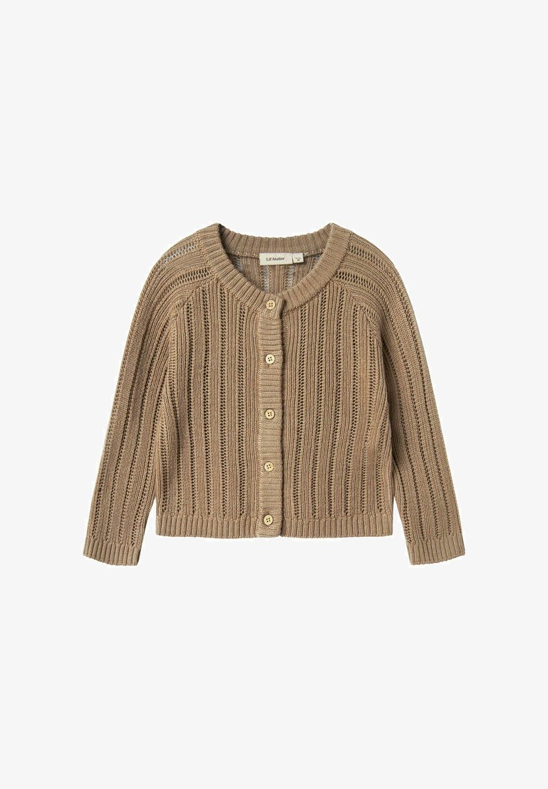 Beige gestrickte Strickjacke mit einem gerippten Design, rundem Ausschnitt und Fünf-Knopf-Verschluss. Hergestellt aus einem weichen Material mit einer strukturierten Oberfläche.