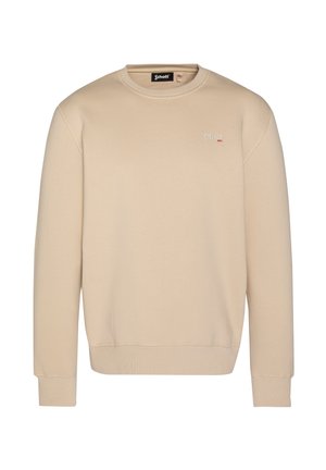 Beżowy sweter z miękkiego materiału, z okrągłym dekoltem, długimi rękawami i detalem logo na klatce piersiowej. Gładka tekstura i prosty design.