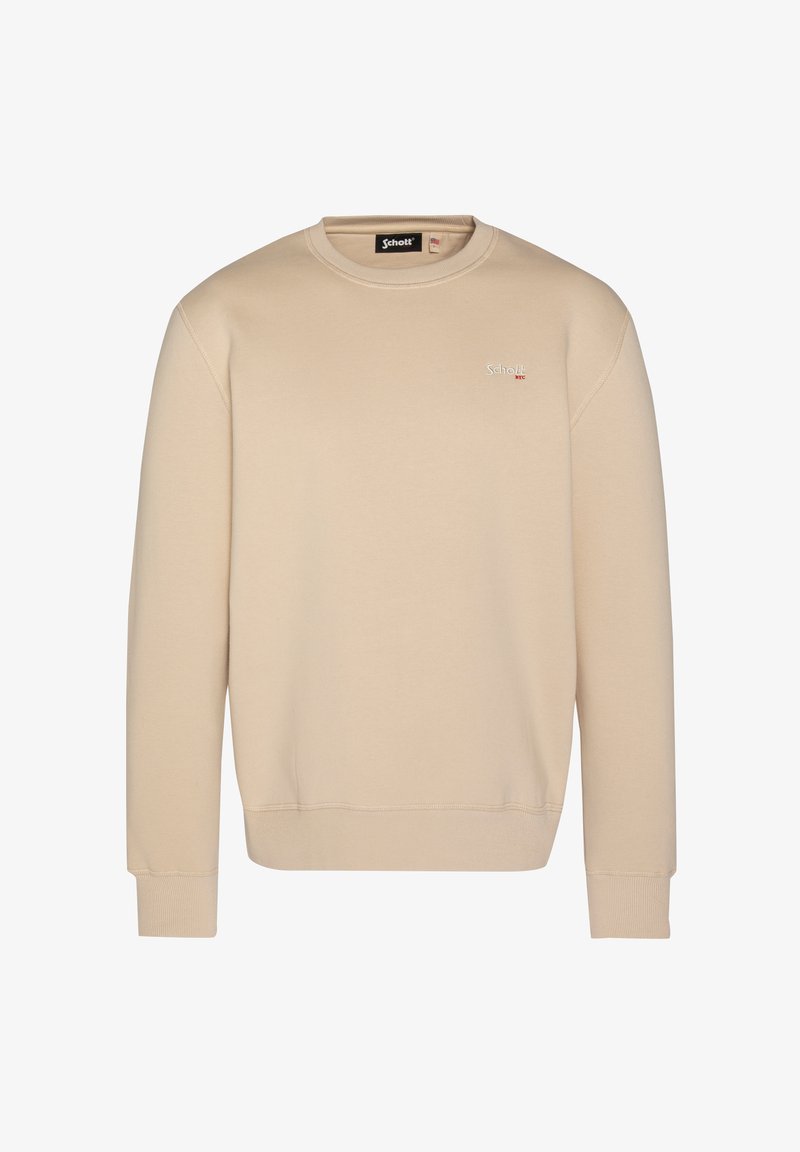 Sweatshirt beige en tissu doux avec un col rond, des manches longues et un détail de logo sur la poitrine. Texture lisse et design simple.