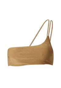 Bralette-top in metallic gouden stof, met een schouderontwerp, dubbele bandjes en een gladde textuur met subtiele glans.