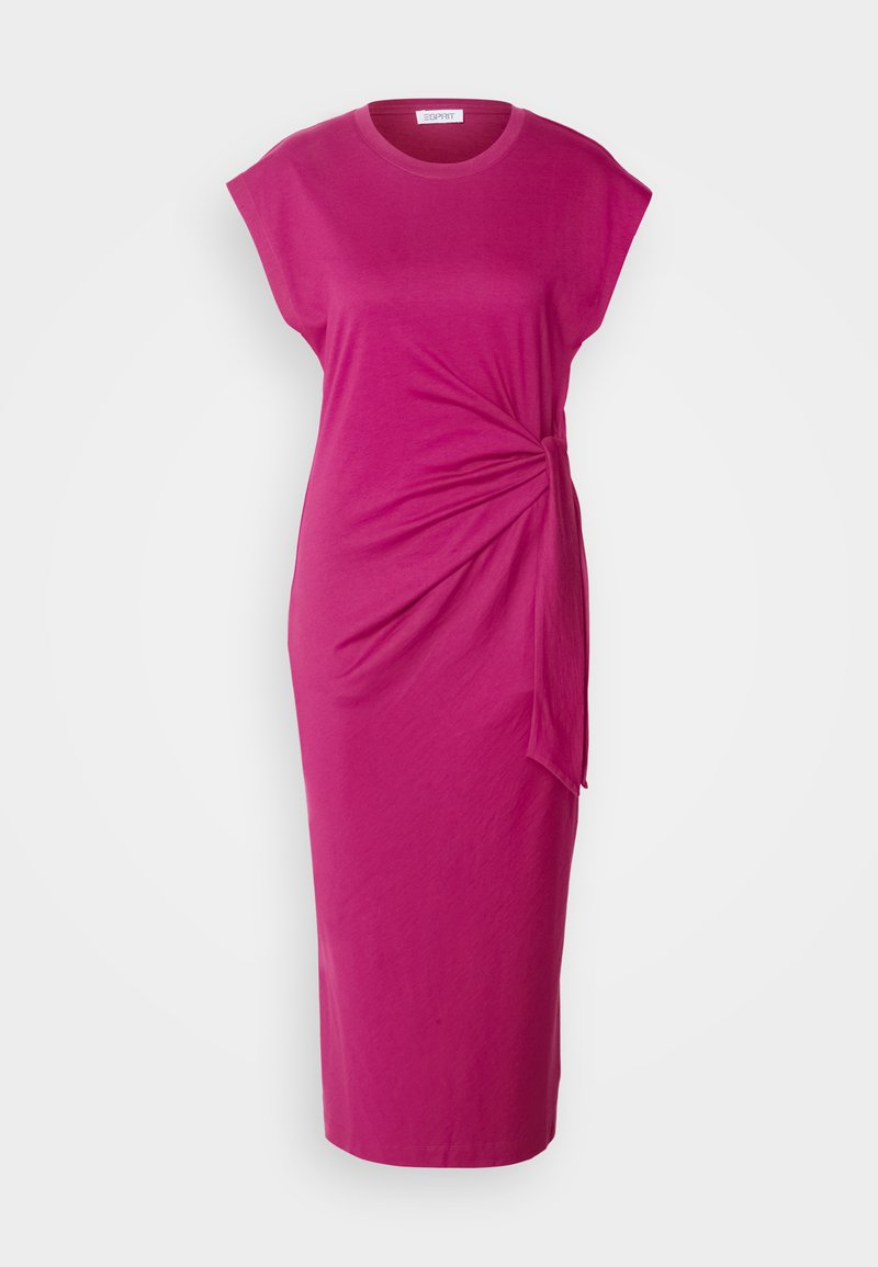 Fuchsia ärmelloses Midikleid mit rundem Ausschnitt und Seitenknoten, der eine geraffte Stoffwirkung erzeugt.
