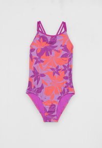 Maillot de bain violet avec un motif floral en orange et rose foncé. Doté de fines bretelles croisées et d'un design sportif, fabriqué en matériau extensible.