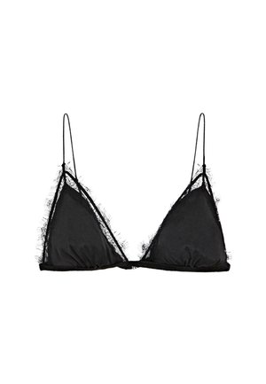 Czarny biustonosz w kształcie trójkąta z cienkimi ramiączkami i delikatnym koronkowym wykończeniem na brzegach, zaprojektowany z myślą o lekkim wsparciu i stylu.
