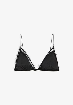 Černá trojúhelníková podprsenka s tenkými ramínky a jemnými krajkovými lemy na okrajích, navržená pro lehkou oporu a styl.