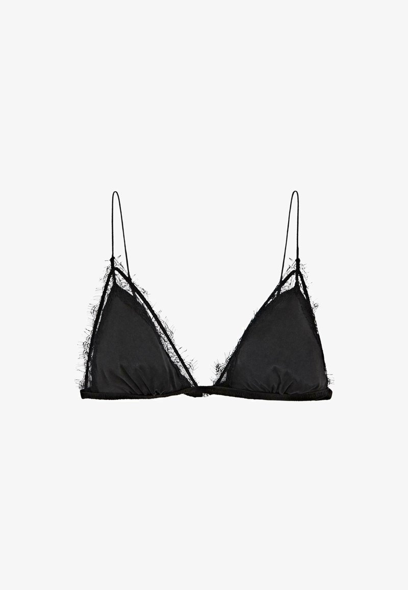 Zwarte driehoekige beha met dunne bandjes en een delicate kantafwerking langs de randen, ontworpen voor lichte ondersteuning en stijl.