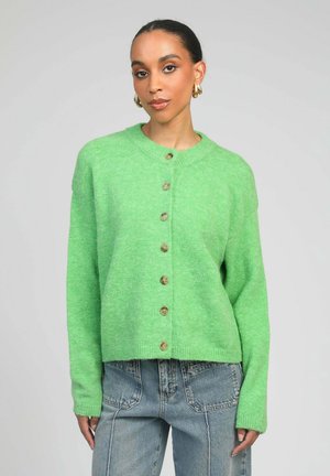 Cardigan en tricot vert pelucheux avec un col rond, une fermeture à boutons sur le devant, et des manches longues. Stylé avec un pantalon en denim bleu clair.
