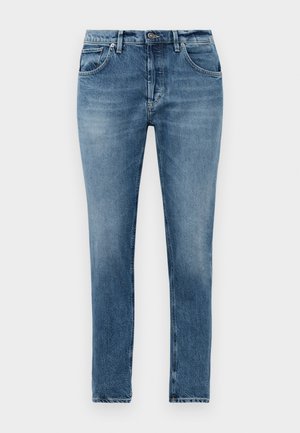 Jeans in denim blu chiaro con un fit slim, caratterizzati da una chiusura a bottone, cinque tasche e un leggero sbiadimento su tutto il tessuto.