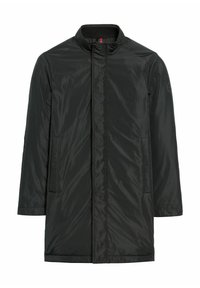 Czarny, lekki płaszcz z gładkiego nylonu, z wysokim kołnierzem, dwiema bocznymi kieszeniami i prostym krojem. Brak widocznych ozdób.