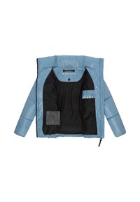 Light blue puffer jacket; features a black inner lining and pockets, zip closure, and brand label on the inside collar.