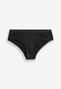 Sort ribbet bikini bund med en sømløs design og elastisk talje, lavet af et glat strækstof.