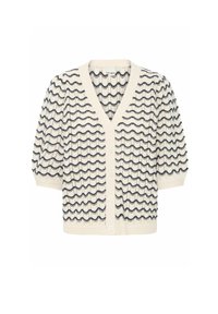 Stickad kofta med V-ringning, korta puffärmar och ljuskrämfärg med ett vågigt blåt mönster. Fem vita knappar fram.