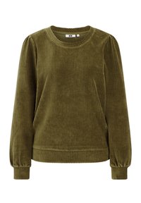 Felpa in velluto a coste verde oliva con texture a coste, scollo rotondo e maniche lunghe a sbuffo elasticizzate. Finitura di tessuto morbido evidente.