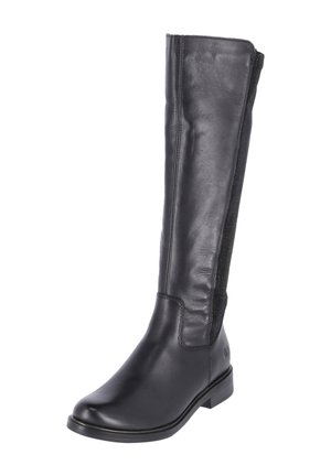 Botte en cuir noir jusqu'aux genoux avec des panneaux élastiques sur les côtés, bout arrondi, semelle plate et une finition texturée subtile. Présente un petit logo sur le talon.