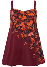 Zomerse jurk van diep bordeauxrood stof met grote oranje bloempatronen en donkere groene accenten. Verstelbare schouderbanden, uitlopende silhouet.
