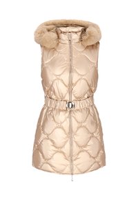 Vesta umplută aurie cu un glugă din blană sintetică, fermoar frontal, talie elasticizată cu o cataramă argintie și model matlasat în formă de diamant pe întreaga țesătură.