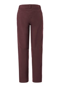 Bordeauxrode broeken met een rechte pasvorm, knoopsluiting en ceintuurlussen; heeft twee zijzakken en een soepele, lichte stoftextuur.