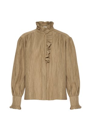 Vaaleanruskea pitkähihaisesta puserosta, jossa on rypytetty kaulus ja etuosa, teksturoitu kangas sekä kootut hihat frillipäillä.