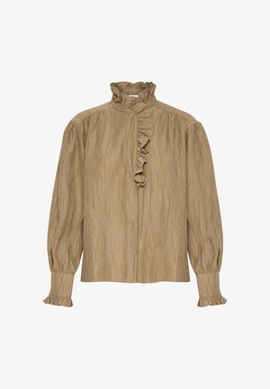 Bluză kaki cu mânecă lungă, cu guler și față cu volane, având un material texturat și mâneci strânse cu manșete franjurate.