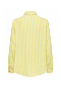 Chemise jaune à manches longues avec des rayures verticales blanches et bleues, poignets boutonnés et col classique, vue de dos.