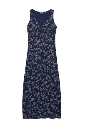 Vestido midi azul marino sin mangas con escote en V y pequeño estampado floral blanco.