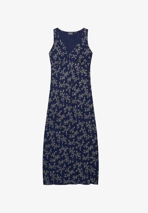 Robe midi bleu marine sans manches avec encolure en V et petit motif floral blanc.