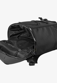 Black backpack with a spacious interior, made from durable fabric, featuring a zippered closure and adjustable straps.