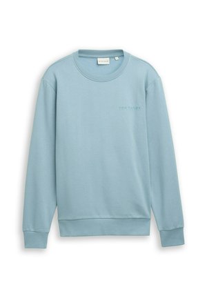 Világoskék pamut pulóver, kerek nyakkivágással, bordázott mandzsettákkal és szegéllyel, a mellkason kis logós felirattal.