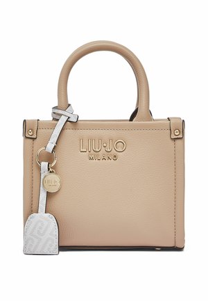 Borsa Liu Jo Milano beige con manici superiori, logo dorato e etichetta in pelle bianca con ciondolo rotondo dorato.