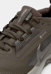 Zbliżenie brązowego buta Nike Pegasus Trail z wzorzystymi sznurowadłami, metkami Gore-Tex i siateczkową teksturą na górnej części.