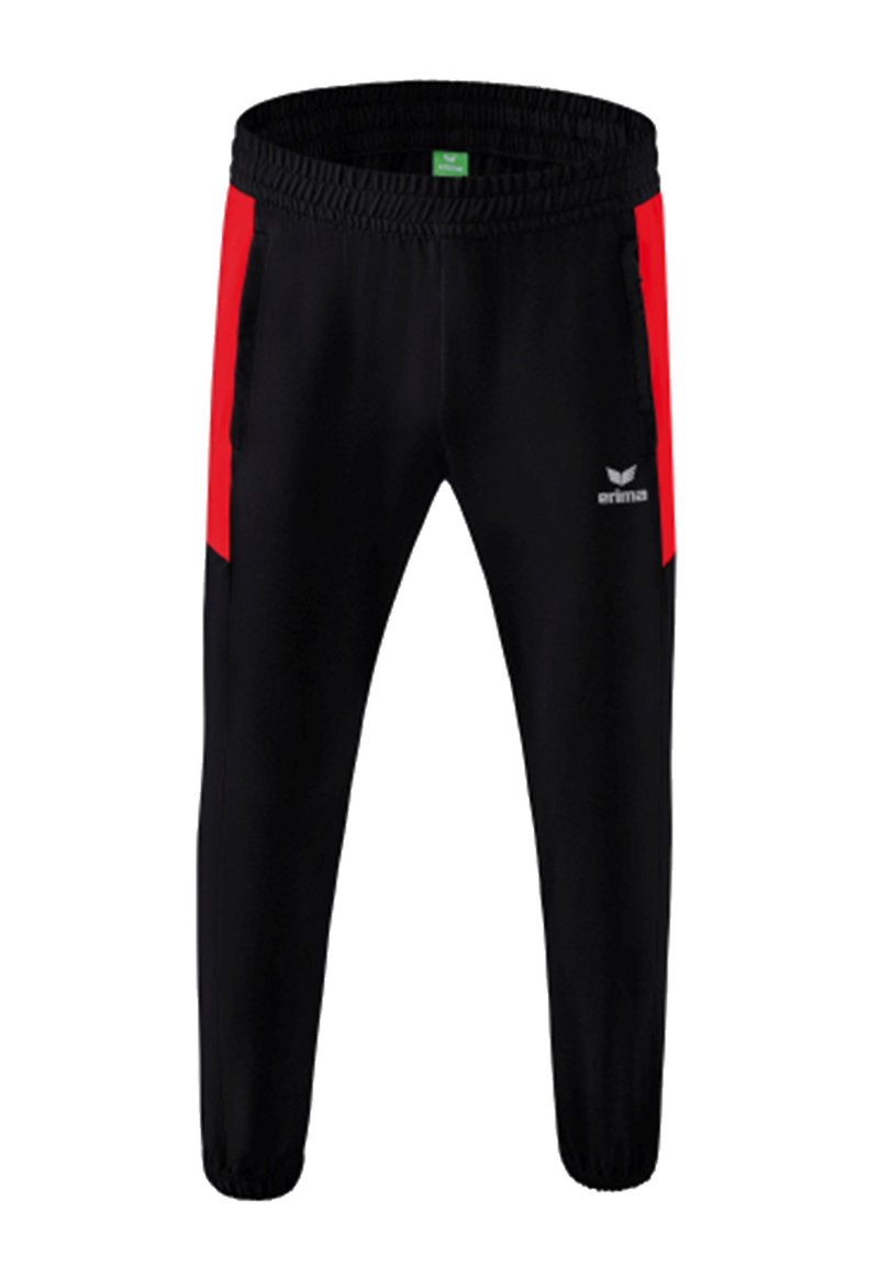Schwarze Sporthosen mit roten Seitenstreifen, elastischem Bund, zwei Seitentaschen und einem Logo am Unterschenkel. Hergestellt aus dehnbarem Stoff.