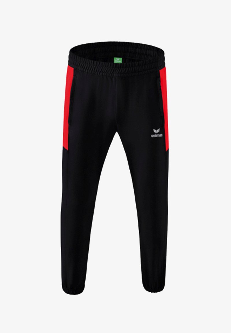 Schwarze Sporthosen mit roten Seitenstreifen, elastischem Bund, zwei Seitentaschen und einem Logo am Unterschenkel. Hergestellt aus dehnbarem Stoff.