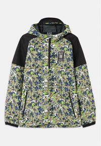 Jakke med hette og halv glidelås, med blå, grønn, hvit og beige camomønstret design, svarte skulderpaneler og glidelåslommer foran.