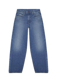 Högmidjade blå denimjeans med en avslappnad vida passform, fem fickor, bälteshällor och urtvättad detaljer på låren och knäna.