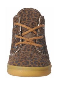 Botas de estampado de leopardo marrón con cordones marrones, ojales de metal y suela de goma. Presenta un diseño de corte bajo y costuras reforzadas.