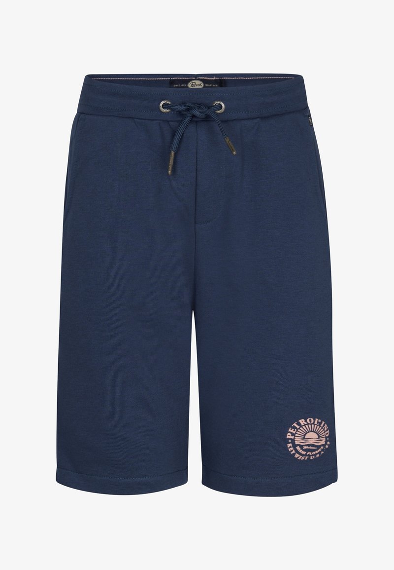 Námořnické modré bavlněné šortky s elastickým pasem, šňůrkou na stažení a potiskem loga na levé stehně. Obsahují boční kapsy a prošité lemy.