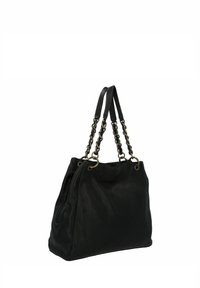 Zwarte leren handtas met dubbele schouderbanden van ketting en leer, met een slappe rechthoekige vorm en metalen oogjes.