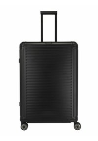 Schwarzer Hartschalenkoffer mit gerippter Oberfläche, ausziehbarem Griff, vier Rädern und Eckenverstärkungen für erhöhte Langlebigkeit.