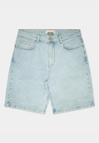 Lichtblauwe denimshorts met een relaxte fit, voorzien van vijf zakken, een voorgestructureerde sluiting met knoop en subtiele vervagingen aan de randen.