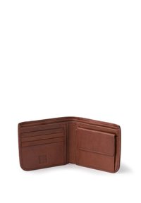 Portefeuille en cuir marron avec plusieurs emplacements pour cartes et une poche à glissière. Design pliant, texture lisse et détail de logo embossé discret.