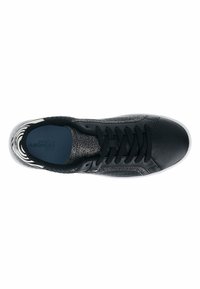 Black athletic sneaker with a smooth leather upper, textured silver accents, black laces, and a patterned heel. Features a cushioned navy insole.