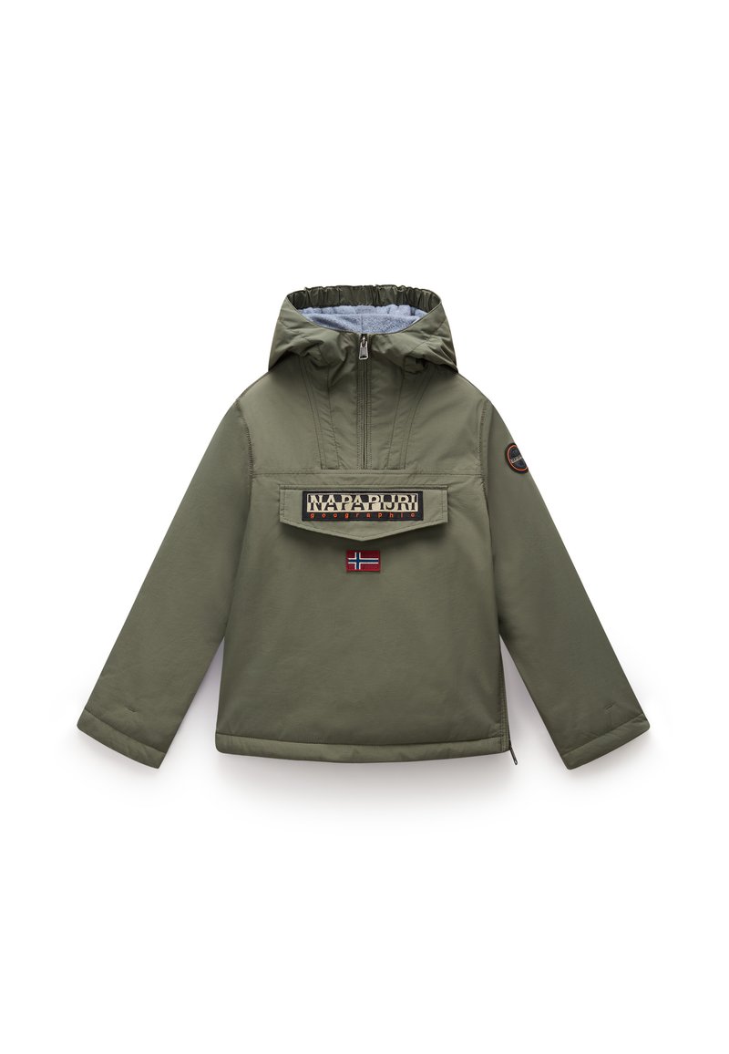 Olivgrüner Pulloverjacke mit Kapuze, ausgestattet mit einem Reißverschluss, kontrastierendem hellblauen Futter und einer großen Brusttasche mit Logo- und Flaggen-Patch.