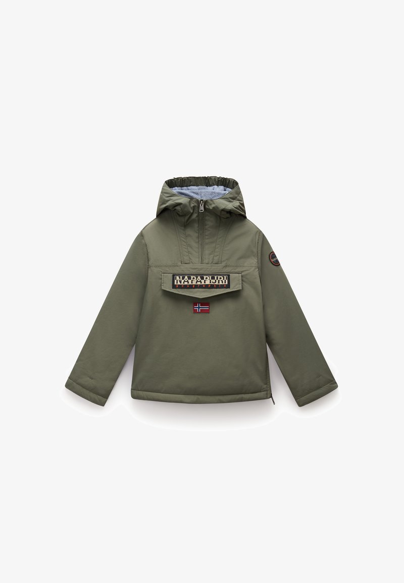 Olive green pullover jacket with a hood, featuring a zippered front, contrasting light blue lining, and a large chest pocket with logo and flag patch.