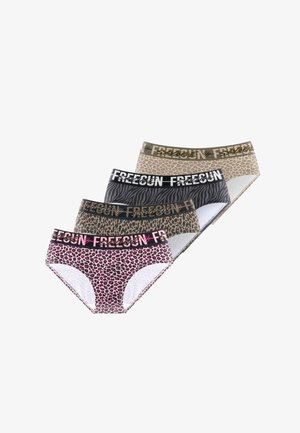 Quatre culottes pour femmes à imprimé animalier en beige, noir, marron et rose avec des ceintures marquées du logo "FREEGUN".