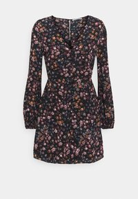 Black floral dress featuring long puff sleeves, a v-neckline, and a fitted waist, adorned with multicolored flower patterns.