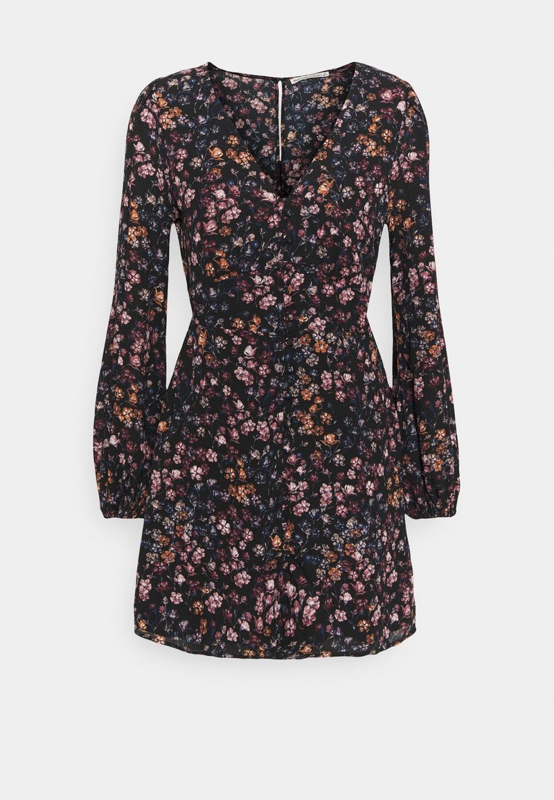 Black floral dress featuring long puff sleeves, a v-neckline, and a fitted waist, adorned with multicolored flower patterns.