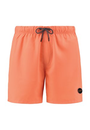 Shorts de bain orange vif avec une taille élastique, cordon de serrage noir et un patch logo sur le côté. Matériau lisse et léger.
