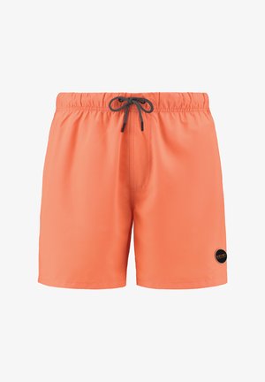Shorts de bain orange vif avec une taille élastique, cordon de serrage noir et un patch logo sur le côté. Matériau lisse et léger.