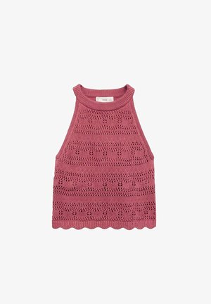 Top court sans manches en rose poussiéreux, avec des motifs en dentelle tricotée élaborés, un ourlet festonné et un col rond.