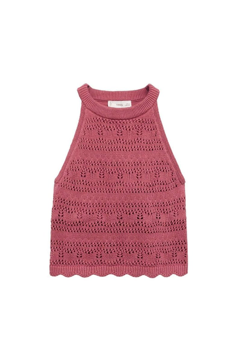 Rippendes, ärmelloses Crop-Top in staubrosé, mit filigranen Spitzenstrickmustern, gewelltem Saum und rundem Halsausschnitt.